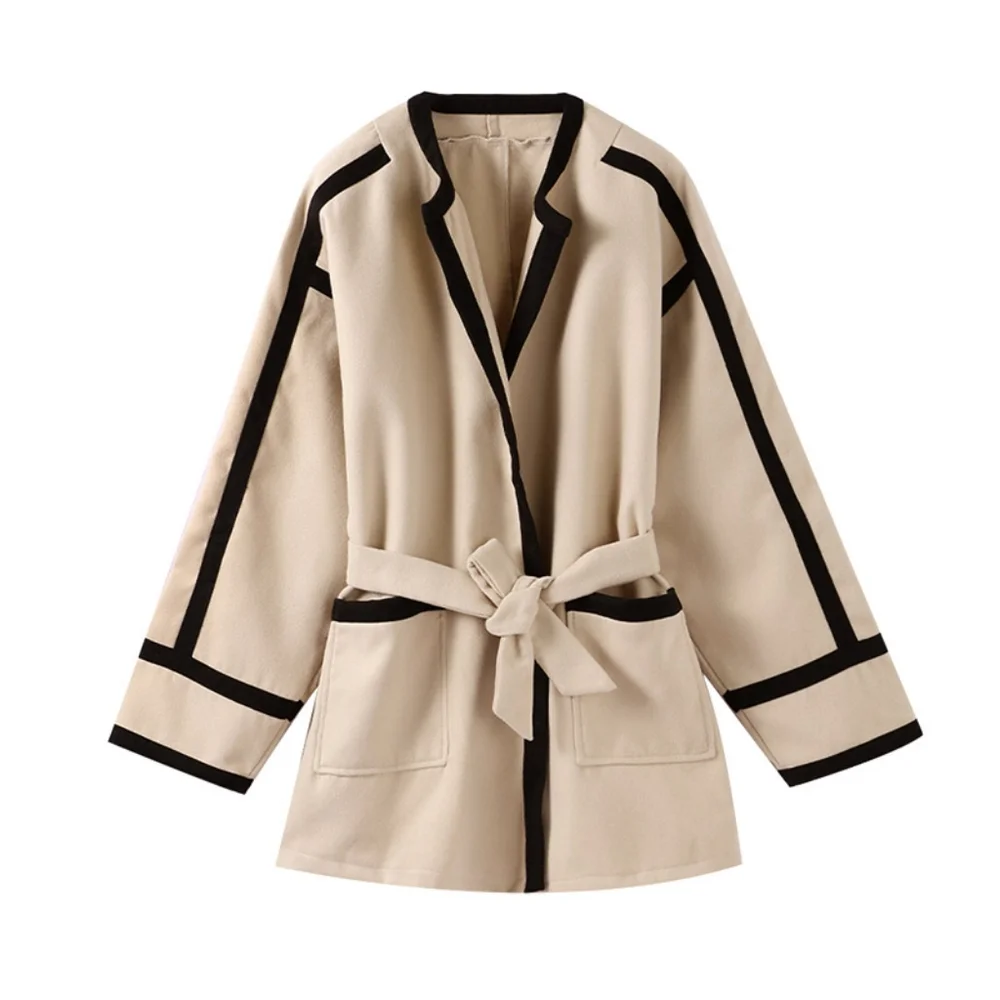 Striped Women's Woolen Coat Contrast Color Belts Long Sleeve Pocket Casu… - Picture 4 of 7
